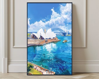 Könnte beinhalten: Ein gerahmter Aquarelldruck des Sydney Opera House, mit der Sydney Harbour Bridge im Hintergrund. Das Kunstwerk zeigt einen strahlend blauen Himmel mit weißen Wolken und türkisfarbenem Wasser. Eine gelbe Fähre ist im Hafen zu sehen.