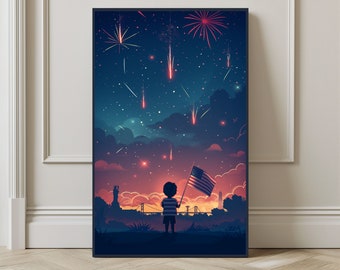Stampa di fuochi d'artificio con bandiera americana patriottica, decorazione murale del 4 luglio (download digitale)