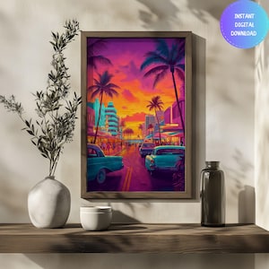 Retro Miami Art Deco Print: 1980s Vintage Cars (Digital Download)