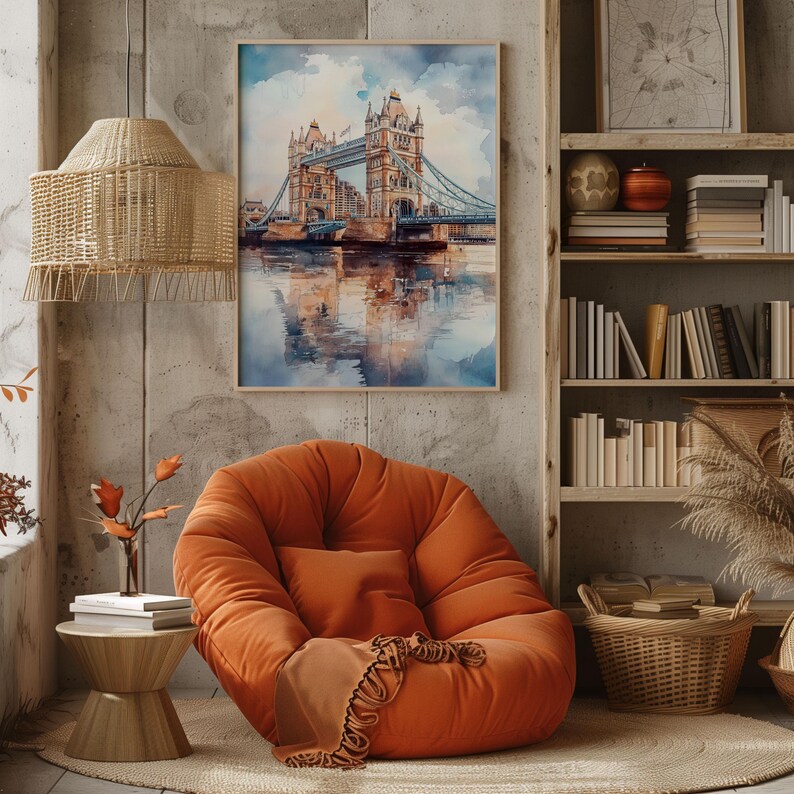 Watercolor London Tower Bridge Printable Wall Art Travel Poster, England Cityscape Travel Art Print, London England, Gift Idea