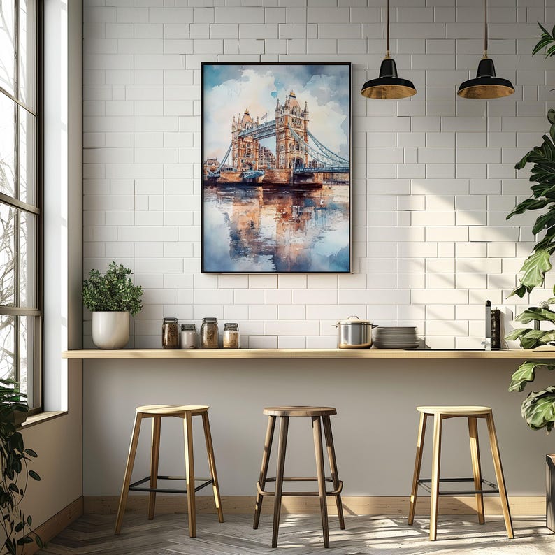 Watercolor London Tower Bridge Printable Wall Art Travel Poster, England Cityscape Travel Art Print, London England, Gift Idea
