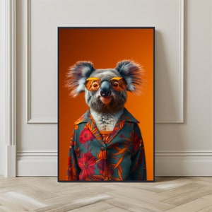 Póster imprimible con retrato de koala, arte de pared para decoración del hogar, retrato de koala hippie con estampado de animales coloridos, imprimible navideño