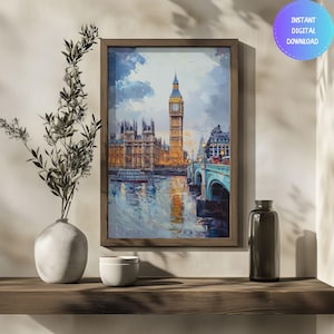 London City Oil Painting Print: Big Ben & Skyline Travel Poster (Digital Download)