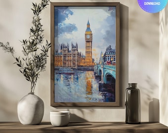 London City Oil Painting Print: Big Ben & Skyline Travel Poster (Digital Download)