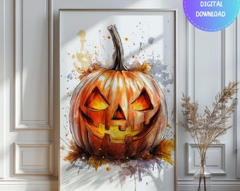May include: A watercolor painting of a jack-o'-lantern pumpkin with a bright orange color and a friendly, toothy grin. The pumpkin is surrounded by autumn leaves and splatters of paint.