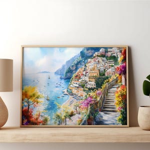 Watercolor Italy Positano Coastal Print Wall Art Travel Poster, Italy Amalfi Coast Painting, Italian Coastal Horizontal Large Wall Art