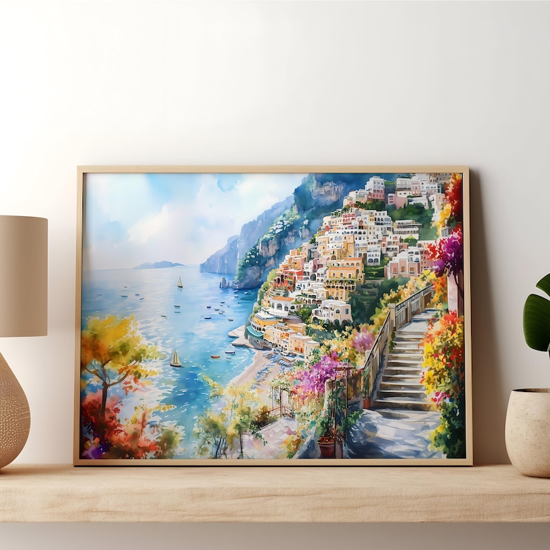 Watercolor Italy Positano Coastal Print Wall Art Travel Poster, Italy Amalfi Coast Painting, Italian Coastal Horizontal Large Wall Art