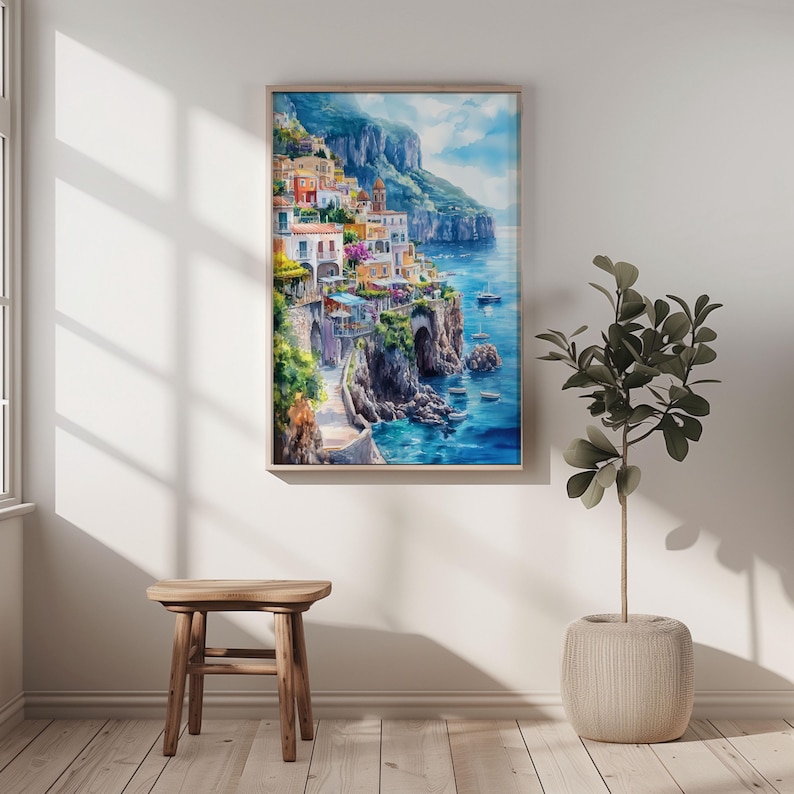 Watercolor Italy Amalfi Coast Printable Wall Art Travel Poster, Italian Riviera Coast Poster, Italy Artwork Printable Art, Gift Idea