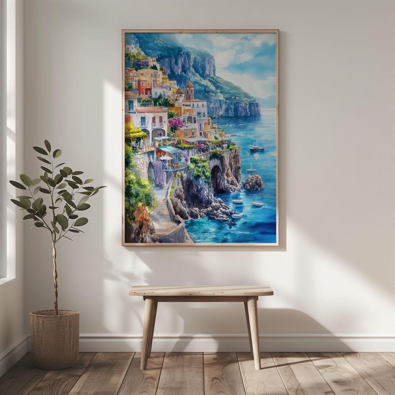Watercolor Italy Amalfi Coast Printable Wall Art Travel Poster, Italian Riviera Coast Poster, Italy Artwork Printable Art, Gift Idea