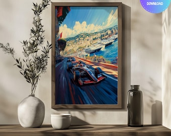 May include: A digital painting of a Formula 1 race car speeding through a city street. The car is black and red with a white number 16 on the side. The city is in the background, with buildings and trees visible. The sky is blue with white clouds.