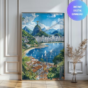 Póster de viaje con acuarela de Río de Janeiro, Brasil, impresión de la costa de Copacabana, Brasil, póster navideño imprimible de Río
