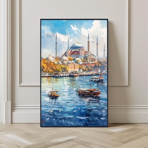 Watercolor Istanbul City Print Wall Art Travel Poster, Hagia Sophia Turkey Travel Poster, Istanbul Digital Download, Christmas Printable