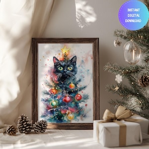 Watercolor Christmas Black Cat Tree Print Wall Art Decor, Vintage Animal Lover Gift Prints, Vintage Winter Print