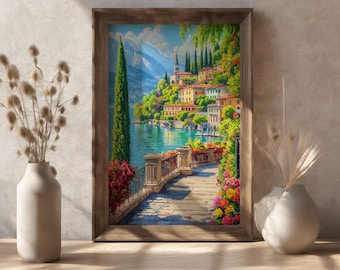 Peut inclure: Une peinture encadrée d'un village italien pittoresque niché à flanc de colline surplombant un lac calme. La scène est peinte dans des couleurs vives, avec une végétation luxuriante, des bâtiments colorés et un ciel bleu clair. La peinture est encadrée dans un cadre en bois rustique.
