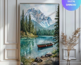 May include: A watercolor painting of a mountain lake scene with a small wooden boat in the water. The lake is surrounded by trees and mountains. The water is a light blue color and the sky is a light blue color. The mountains are a dark gray color and the trees are a dark green color.