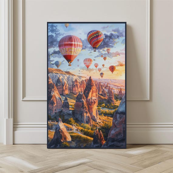 水彩画 カッパドキア 熱気球 プリント：トルコ旅行アート（デジタル