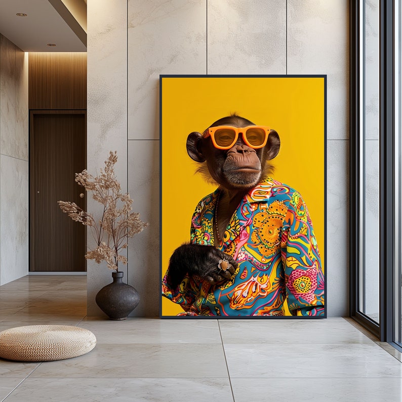 Hippie Monkey Animals Poster Printable Wall Art Home Decor, Colorful Animal Print Monkey Portrait, Gift For Firends, Instant Download