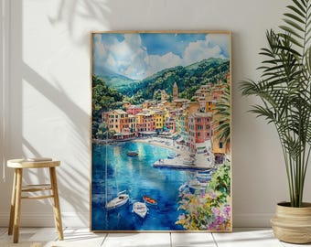 Peut inclure: Peinture à l'aquarelle d'un village italien coloré niché à flanc de colline surplombant une baie turquoise avec des voiliers et une petite plage. La peinture a une ambiance lumineuse et joyeuse.
