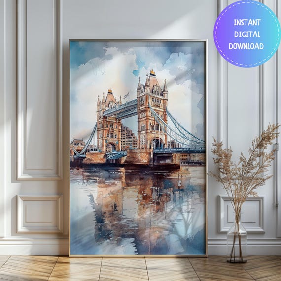 Watercolor London Tower Bridge Art Print: England Travel Poster (Digital Download)