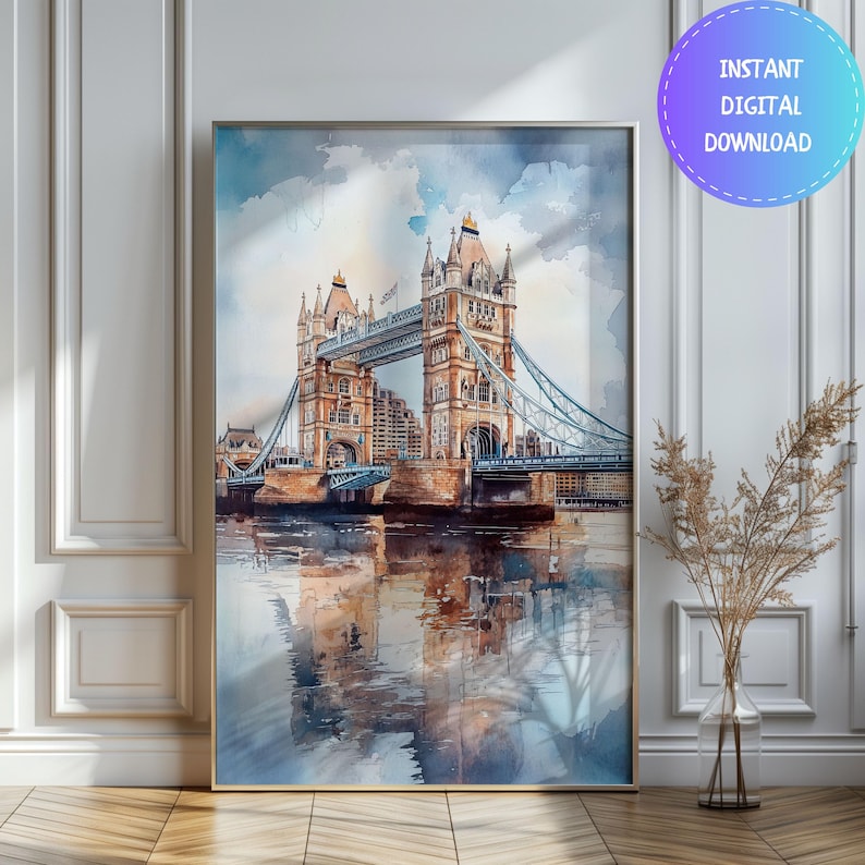 Watercolor London Tower Bridge Printable Wall Art Travel Poster, England Cityscape Travel Art Print, London England, Gift Idea