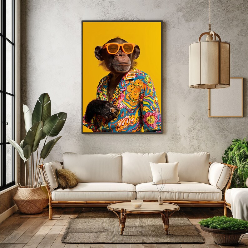 Hippie Monkey Animals Poster Printable Wall Art Home Decor, Colorful Animal Print Monkey Portrait, Gift For Firends, Instant Download