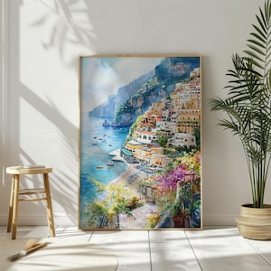 Póster de viaje con acuarela de Positano, Italia, arte de pared imprimible, póster de la costa italiana, arte imprimible de Italia, impresión del océano