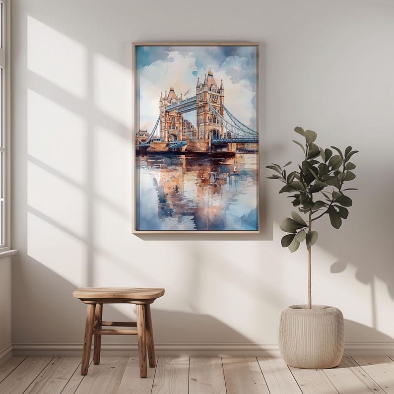 Watercolor London Tower Bridge Printable Wall Art Travel Poster, England Cityscape Travel Art Print, London England, Gift Idea