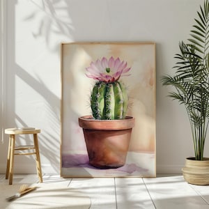 Aquarell Minimalist Kaktus druckbare Wandkunst Poster, botanische Pflanze Kaktus Blumendruck Wandkunst, Kaktus in Vaze, Geschenkidee