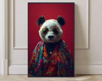 Impresión de retrato de panda hippie: Arte mural colorido de animales (descarga digital)
