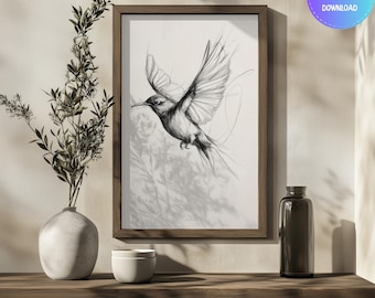 Minimalist Flying Bird Sketch Print: Vintage Farmhouse Wall Art (Digital Download)