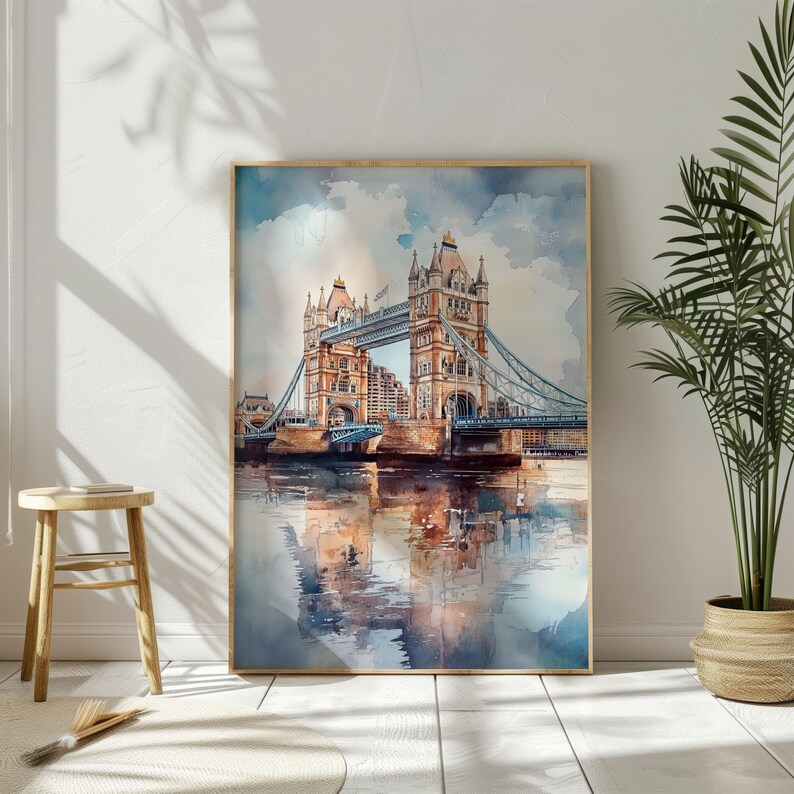 Watercolor London Tower Bridge Printable Wall Art Travel Poster, England Cityscape Travel Art Print, London England, Gift Idea