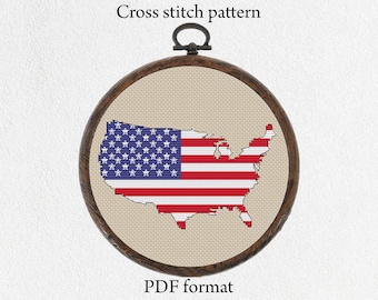 US Map Cross Stitch Pattern - USA Flag Colors - Patriotic Embroidery DIY - Easy Chart