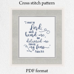Religious cross stitch pattern &quot;I sought the Lord&quot;, Psalm 34:4  Bible verse cross stitch pattern PDF