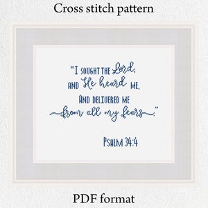 Bible verse cross stitch pattern &quot;I sought the Lord&quot;, Psalm 34:4 Religious cross stitch pattern PDF