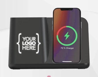 Personalized Client Gift Wireless Charger and Pen Holder, Laser Engraved Employee Gift, Desktop Wireless Powerbank, Premium Logo Printed Pen