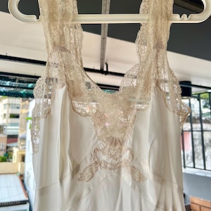 Vintage 1940s Rayon Slip Dress: Cream Lace Trim, Bias Cut Maxi Gown