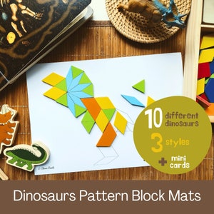 May include: A set of 10 different dinosaur pattern block mats. The mats are made of white paper and feature a variety of geometric shapes. The mats are designed to be used with pattern blocks, which are not included. The mats are also accompanied by 3 styles of mini cards.