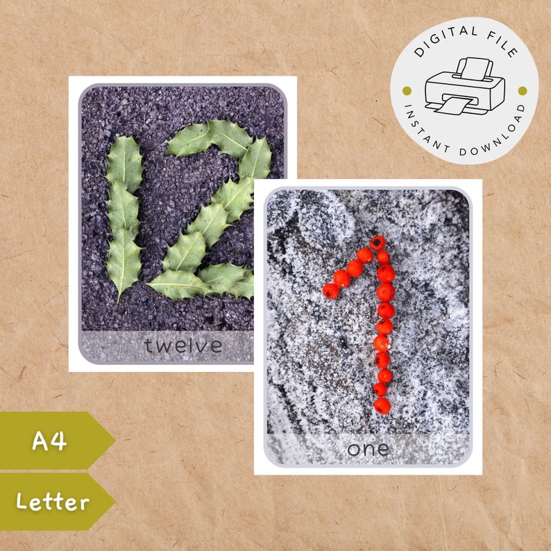 May include: Two printable cards with numbers formed from natural materials. The first card shows the number twelve formed from green leaves on a dark background. The second card shows the number one formed from red berries on a white background. The cards have the words "twelve" and "one" printed below the numbers.