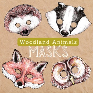 WOODLAND ANIMALS Masks Hand Illustrated | Owl, Fox, Badger, Hedgehog, Printable Paper Mask, Woodland Animals Activity, Forest Birthday Party