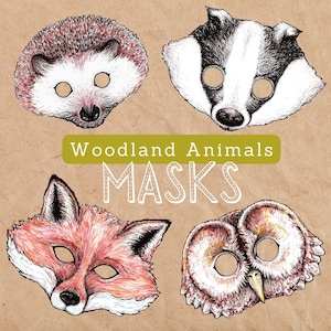 WALDTIERE Masken Hand Illustriert | Eule, Fuchs, Dachs, Igel, Printable Paper Maske, Waldtiere-Aktivitäten, Wald-Geburtstags-Party