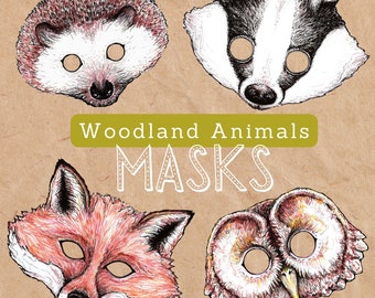 Woodland Animals Masks: Hand-Illustrated Fox, Owl, Badger, Hedgehog for Kids (PDF Pattern)