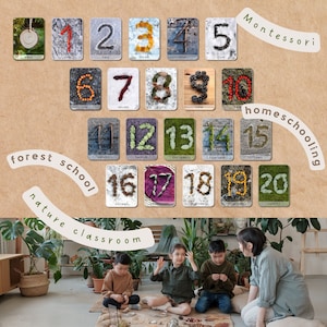 May include: A set of 20 cards featuring numbers 0-20 made from natural materials like leaves, twigs, and moss. The cards are arranged in a grid pattern on a brown background. The words "Montessori", "homeschooling", "forest school", and "nature classroom" are written around the cards.