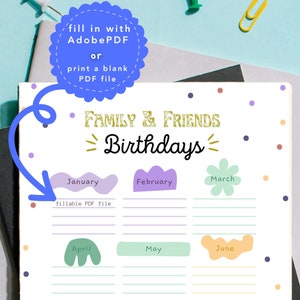 Family and Friends Birthday Tracker | Printable Celebration Board, Birthday Calendar Reminder Chart, Editable PDF Template
