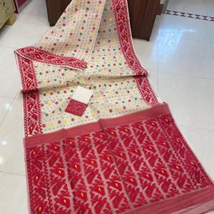 Pure Resom semi hard dhakai jamdani saree for Indian women traditional and ethnic wear