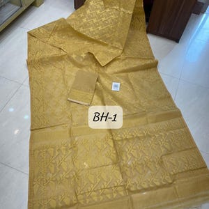 Pure Resom semi hard dhakai jamdani saree for Indian women traditional and ethnic wear