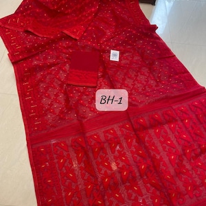 Pure Resom semi hard dhakai jamdani saree for Indian women traditional and ethnic wear