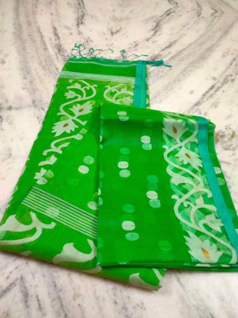 Red Handloom Muslin Jamdani Saree with All Over Boota and Contrasting White Temple Border