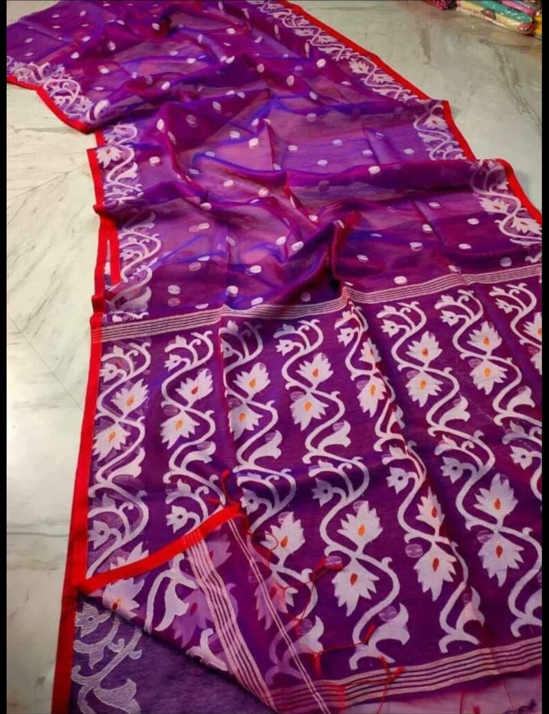 Blue & Red Handloom Muslin Silk Jamdani Saree - Elegant Handcrafted Sarees