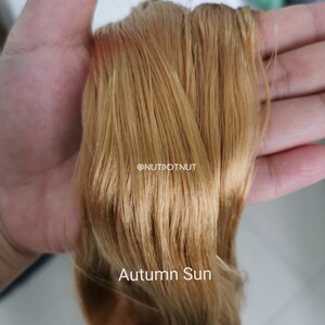 May include: A close-up of a bundle of light brown human hair extensions. The hair is soft and silky, with a slight golden hue. The text "Autumn Sun" is visible at the bottom of the image.
