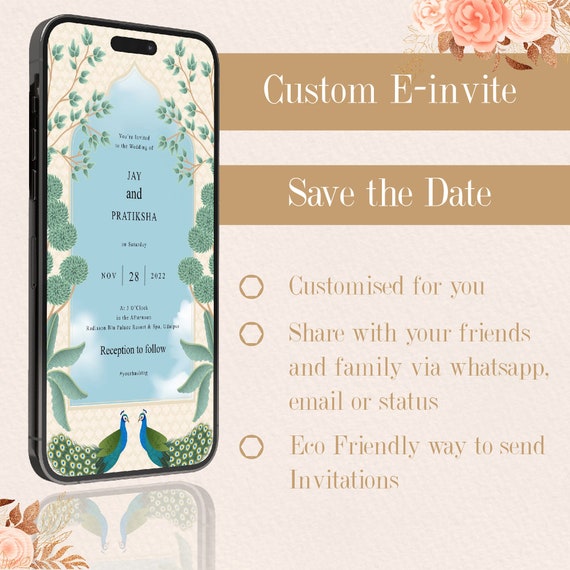Peacock Hindu Wedding Video Invitation: Floral WhatsApp Invite (Digital)